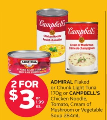 ADMIRAL Flaked or Chunk Light Tuna 170g or CAMP…