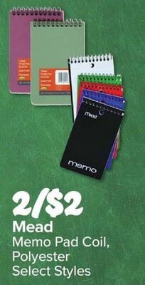 Mead Memo Pad Coil, Polyester Select Styles