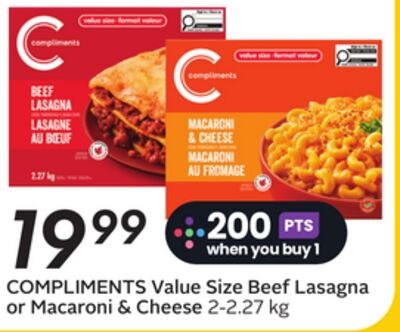 COMPLIMENTS Value Size Beef Lasagna or Macaroni…