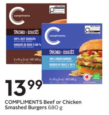 COMPLIMENTS Beef or Chicken Smashed Burgers