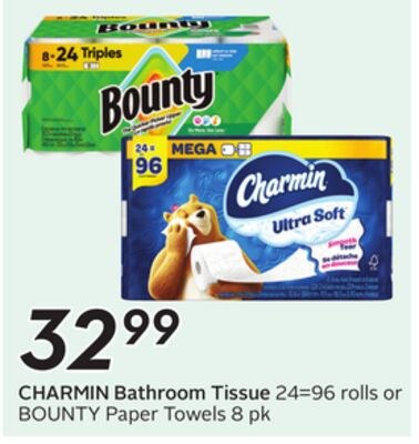 CHARMIN Bathroom Tissue 24=96 rolls or BOUNTY P…