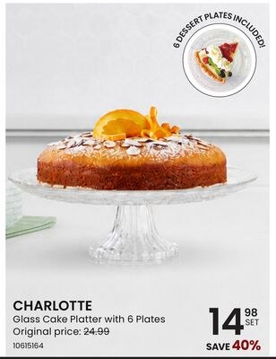 CHARLOTTE Glass Cake Platter with 6 Plates