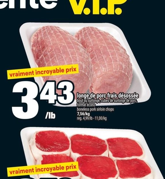 Longe de porc frais désossée