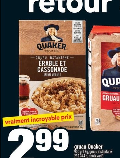 Quaker Gruau Instantané Érable et Cassonade
