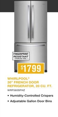 WHIRLPOOL® 30" FRENCH DOOR REFRIGERATOR, 20 CU.…