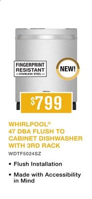 WHIRLPOOL® 47 DBA FLUSH TO CABINET DISHWASHER W…