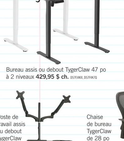 Bureau assis ou debout TygerClaw 47 po à 2 nive…