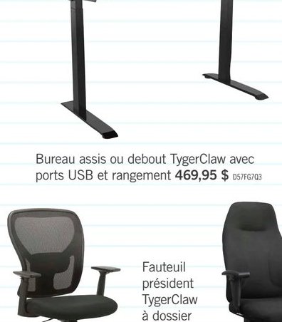 Bureau assis ou debout TygerClaw avec ports USB…