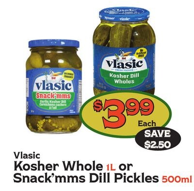 Vlasic Kosher Whole 1L or Snack'mms Dill Pickle…