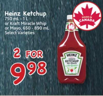 Heinz Ketchup 750 mL - 1 L or Kraft Miracle Whi…