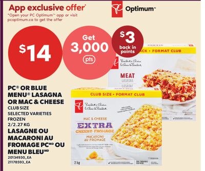 LASAGNE OU MACARONI AU FROMAGE PC OU MENU BLEU
