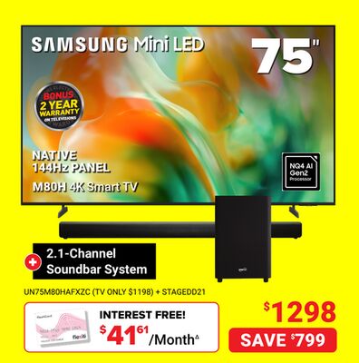 SAMSUNG Mini LED 75" M80H 4K Smart TV + 2.1-Cha…