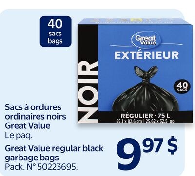 Sacs å ordures ordinaires noirs Great Value