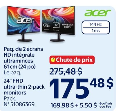 Paq. de 2 écrans HD intégrale ultraminces 61 cm…