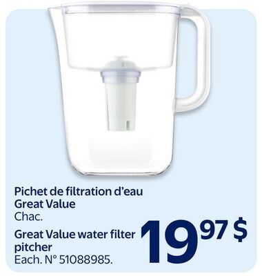 Pichet de filtration d'eau Great Value