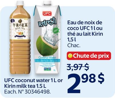 Eau de noix de coco UFC 1 l ou thé au lait Kiri…