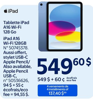 Tablette iPad A16 Wi-Fi 128 Go