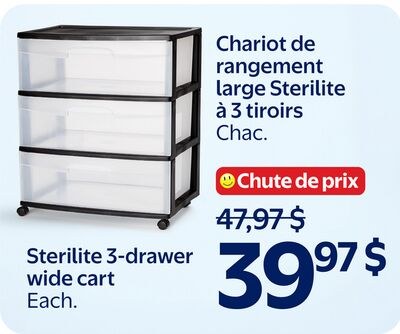 Chariot de rangement large Sterilite à 3 tiroirs