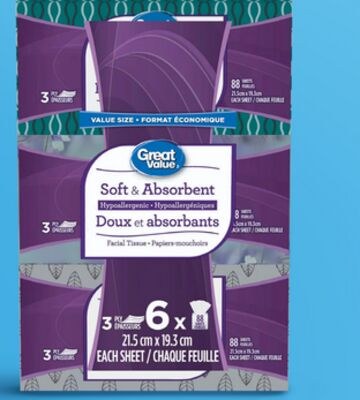 Great Value 2-ply or 3-ply facial tissues