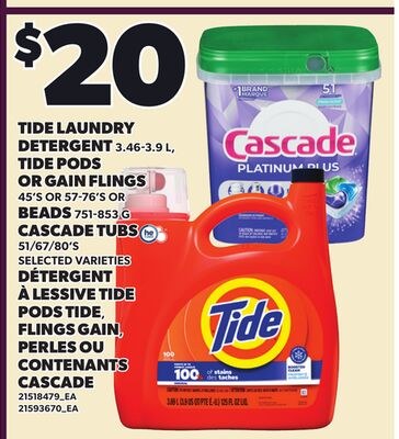 TIDE LAUNDRY DETERGENT, 3.46-3.9 L TIDE PODS OR…