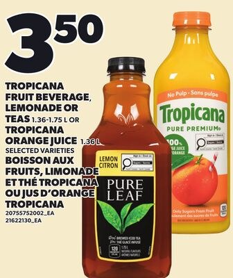 TROPICANA FRUIT BEVERAGE, LEMONADE OR TEAS, 1.3…