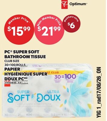 PC® SUPER SOFT BATHROOM TISSUE, 30=100 ROLLS
