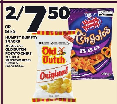 HUMPTY DUMPTY SNACKS, 250-280 G OR OLD DUTCH PO…