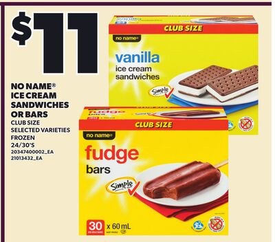 NO NAME® ICE CREAM SANDWICHES OR BARS, 24/30'S