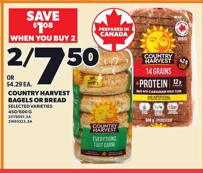 COUNTRY HARVEST BAGELS OR BREAD, 450/600 G