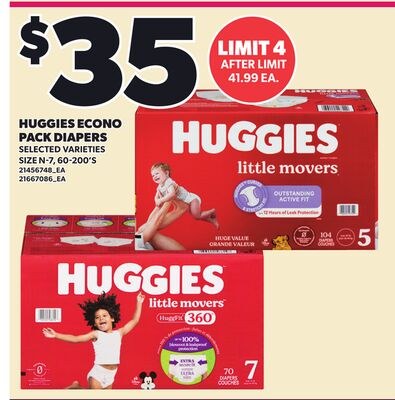 HUGGIES ECONO PACK DIAPERS, SIZE N-7, 60-200'S