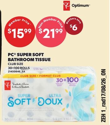 PC® SUPER SOFT BATHROOM TISSUE, 30=100 ROLLS