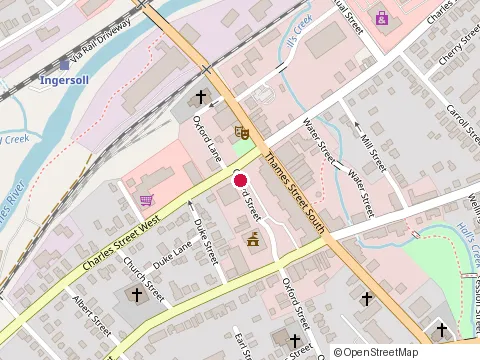 Location of Ingersoll Public Library at 130 Oxford St, Ingersoll