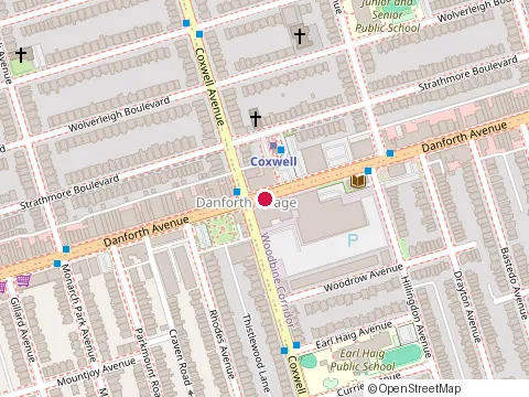 Location of Toronto Public Library - Danforth/Coxwell Branch at 1675 Danforth Avenue, Toronto