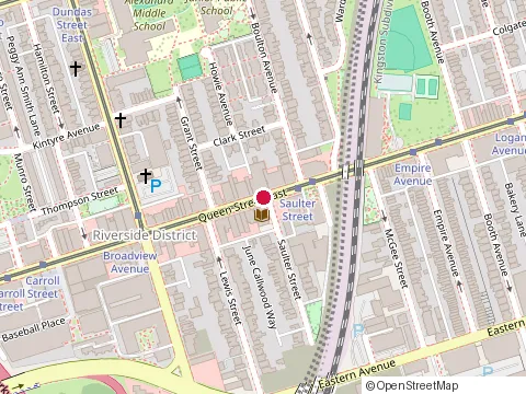 Location of Toronto Public Library at 765 Queen St E, Toronto