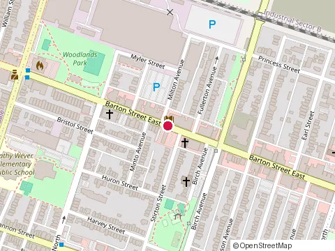 Location of Barton Public Library at 571 Barton St E, Hamilton
