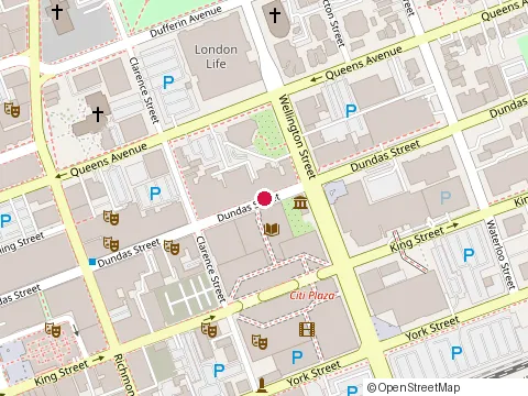 Location of London Public Library at 251 Dundas St, London