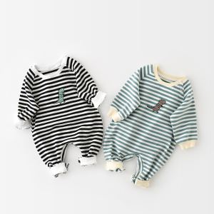 Combinaison bébé dinosaure rayé brodé manches longues garçon/fille