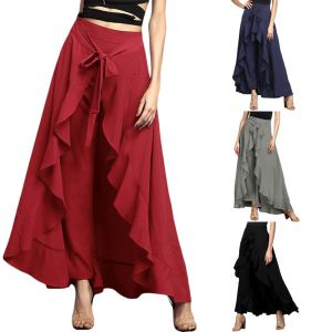Pantalon taille haute volant dentelle, lacet irrégulier