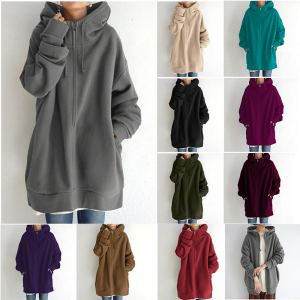 Sweat long capuche col noué velours femme