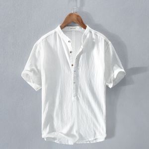 T-shirt homme lin soie col montant manches courtes