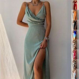Robe bretelles col V fente été sexy mince pour femme