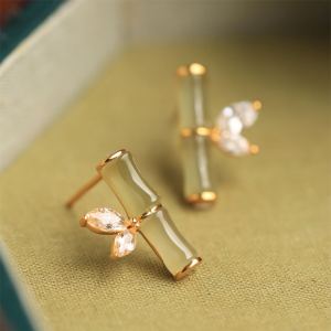 Boucles d'oreilles bambou jade Hetian argent sterling