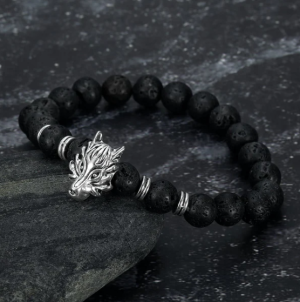 Bracelet Asgard pierre de lave tête loup gris