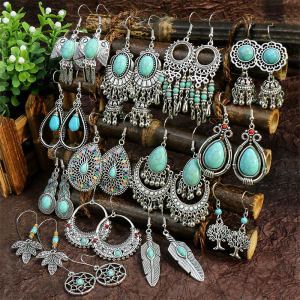 Boucles d'oreilles turquoise géométrique métal argenté