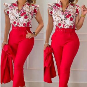 Ensemble top volant et pantalon imprimé avec ceinture