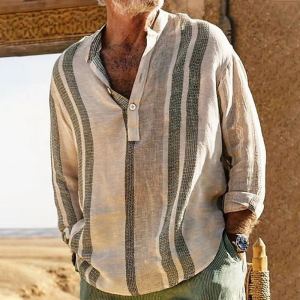 Chemise lin rayée col montant casual homme