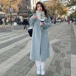 Manteau laine mi-long laçage femme