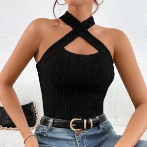 Débardeur tricoté sans manches col halter femme