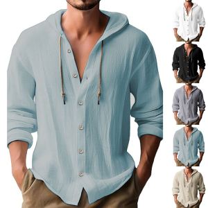 Chandail capuchon coton lin boutonné manches longues