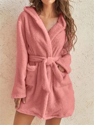 Manteau teddy à capuchon avec poches, fausse fourrure ceinturée